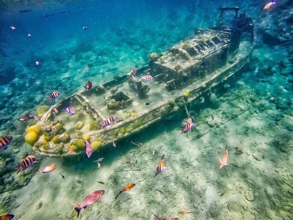 Underwater shipwreck surrounded by colorful fish and coral in clear blue water.